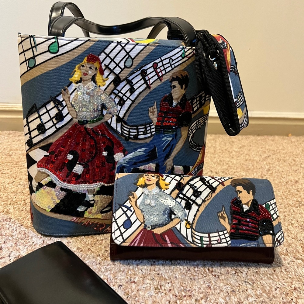 Vintage Style 50s Rockabilly Sequin Handbag and Matching Wallet Set Music Theme
